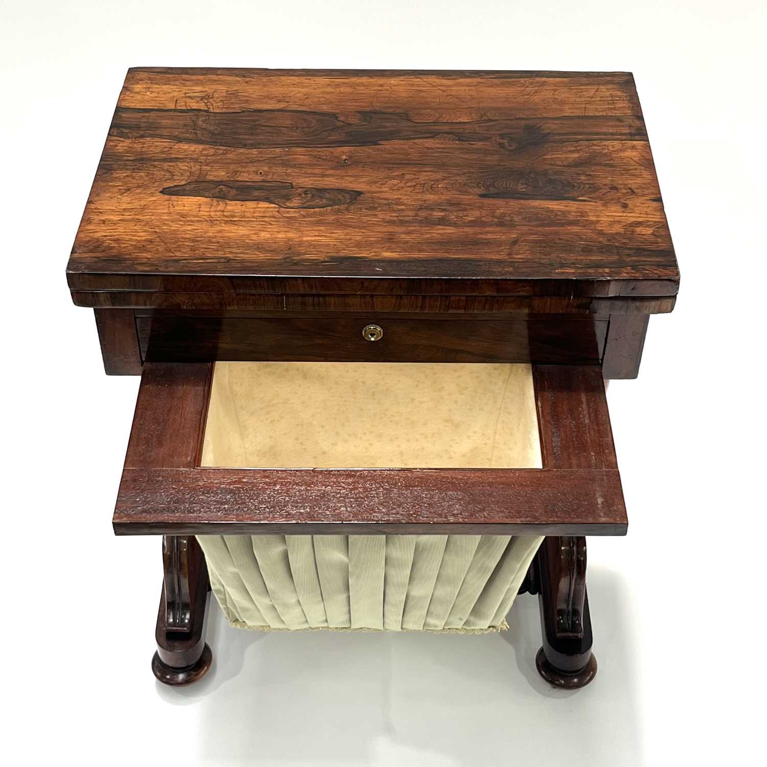 A Regency rosewood work and games table combined, circa 1820, fold-over top with green baize lining, - Image 5 of 6