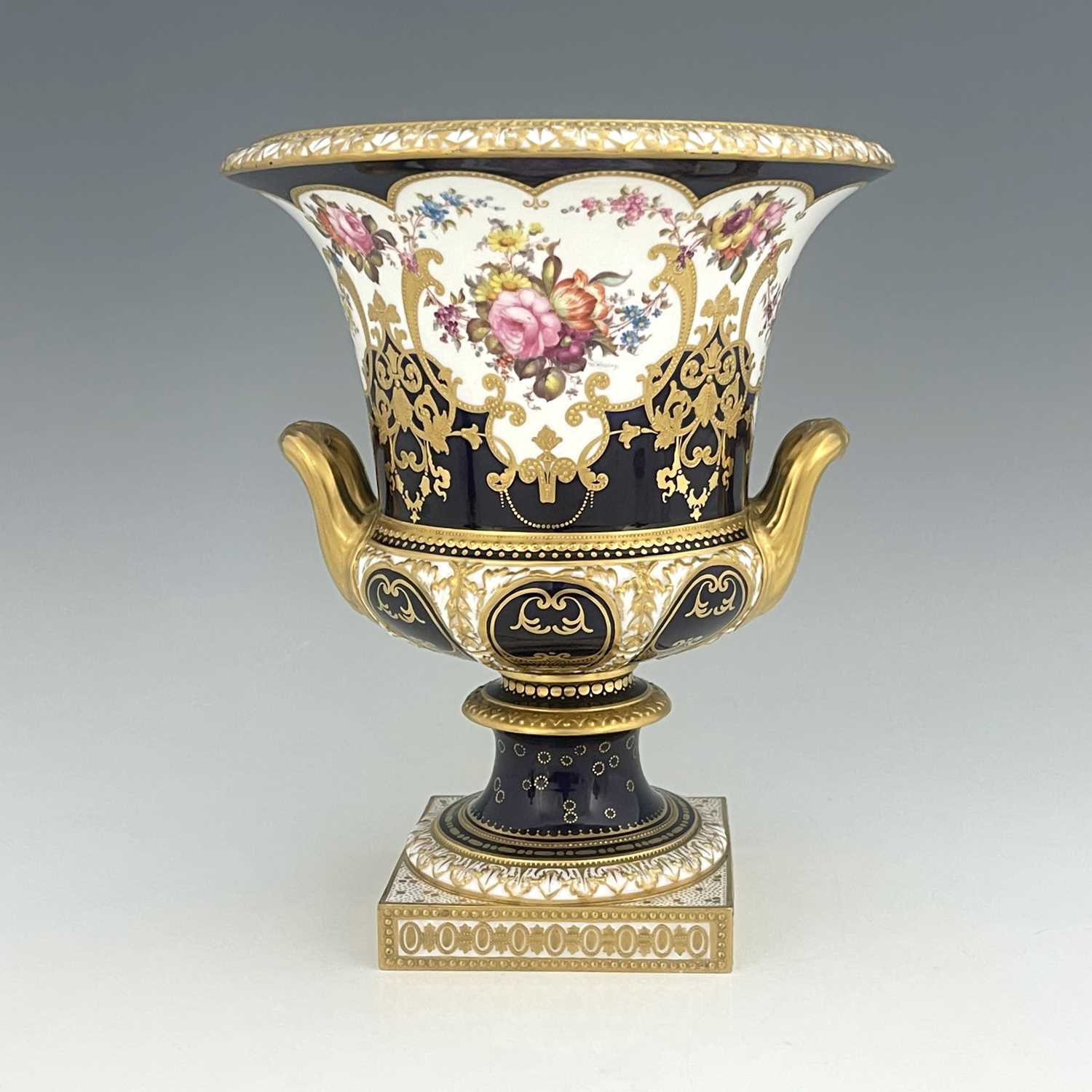 W Mosley for Royal Crown Derby, a floral painted twin handled Campana Urn, 1903, decorated with a - Image 2 of 8