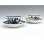 Two Liverpool porcelain tea bowls and saucers, one by James Pennington, circa 1760s, painted with