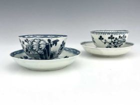 Two Liverpool porcelain tea bowls and saucers, one by James Pennington, circa 1760s, painted with