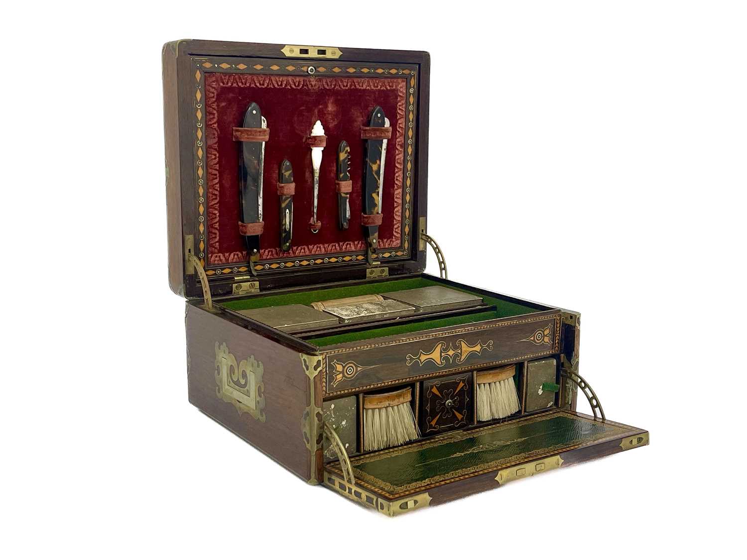 A Victorian rosewood gentleman's toilet box or dressing box, circa 1860s, brass inlaid with