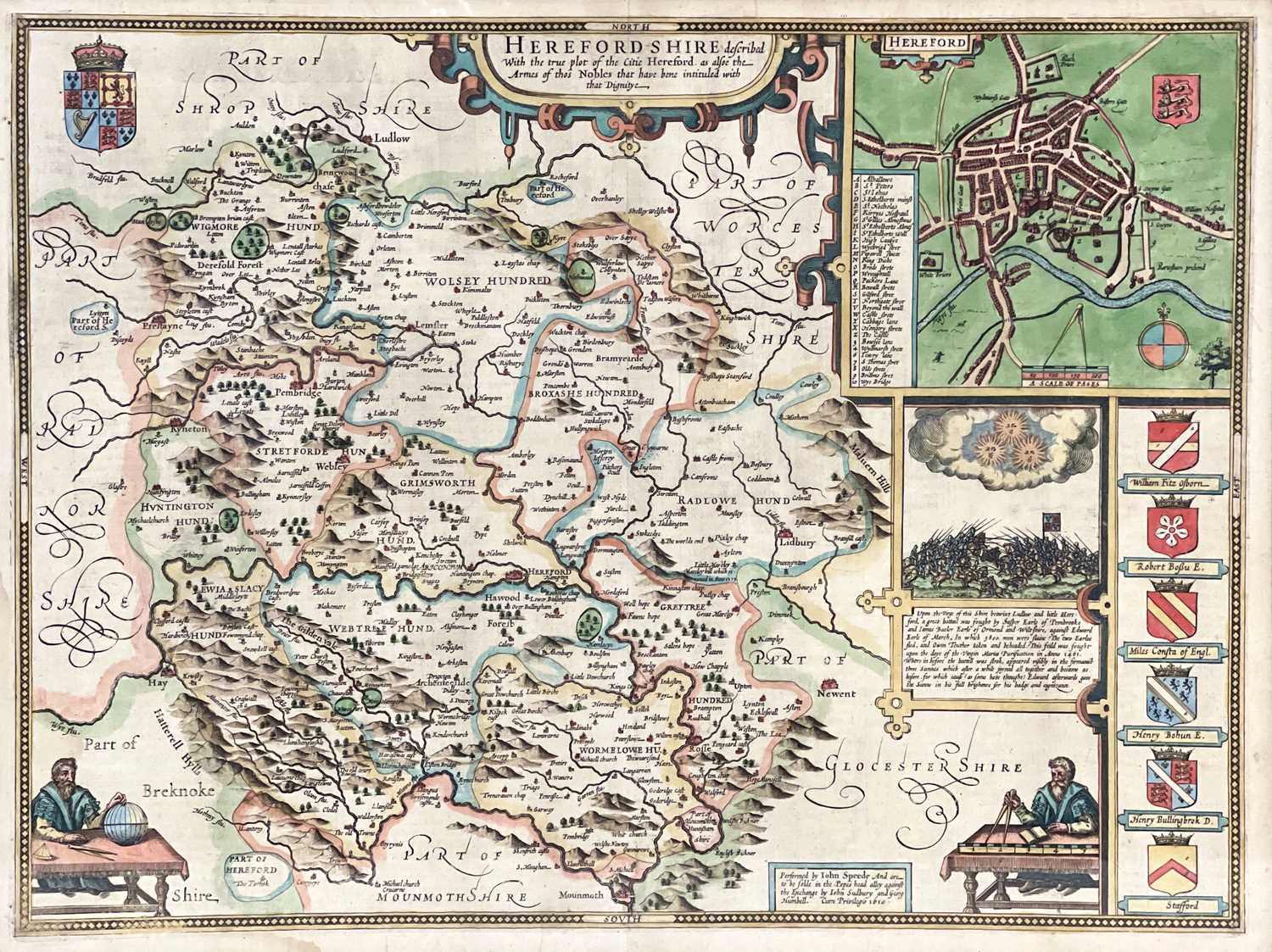 John Speed (British, 1552-1629), map of Herefordshire (1610), coloured engraving, published by