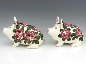 Jan Plichta, a Wemyss Ware painted pig, decorated with cabbage roses, modelled sitting printed