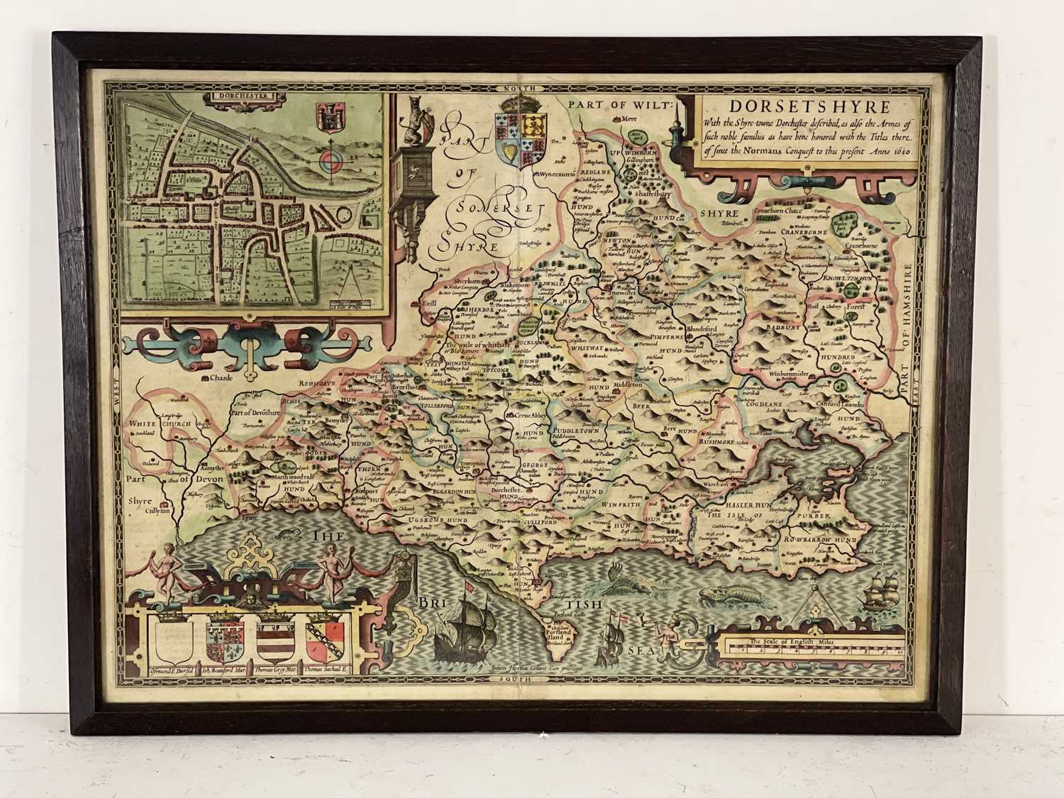 John Speed (British, 1552-1629), map of Dorsetshyre, coloured engraving, 38 by 51cm, framed. - Image 2 of 3