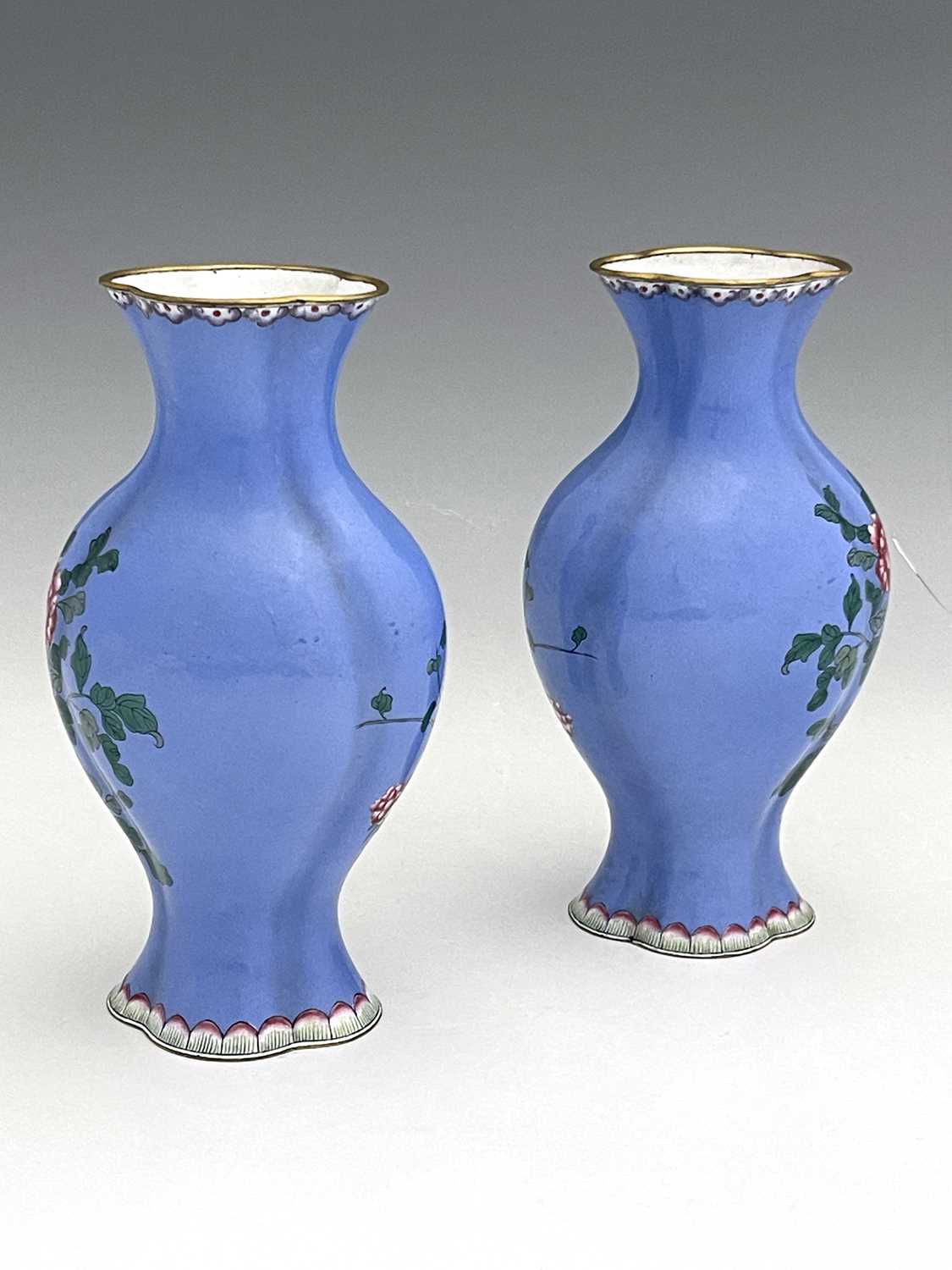 A pair of Chinese famille rose enamelled metal vases, lobed baluster form, painted with naturalistic - Image 3 of 4