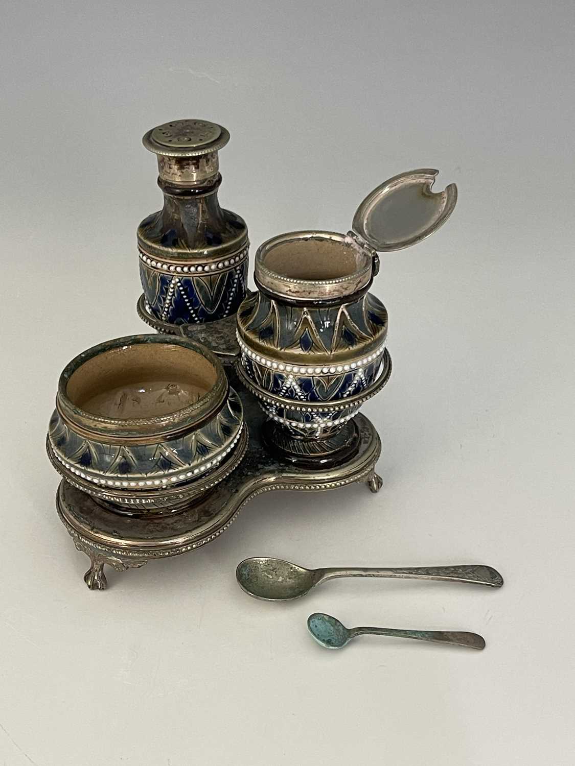 A Doulton Lambeth stoneware three piece cruet in silver plated stand, 1878 ,shouldered form, - Image 5 of 6