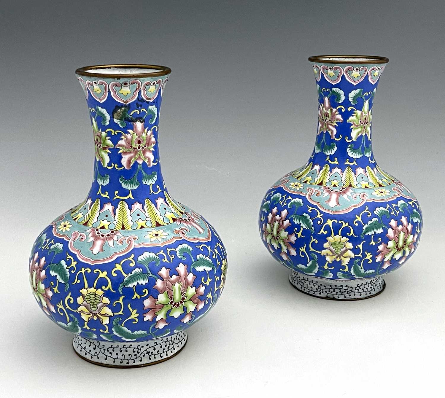 A pair of Chinese famille rose enamelled metal vases, footed baluster form, painted in the - Image 5 of 5