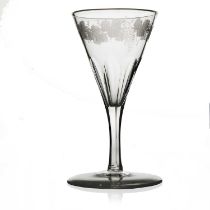 James Powell and Sons, Whitefriars, an etched liqueur glass, circa 1855, the conical bowl with slice