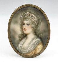 J. Brandl, an 18th-century portrait miniature painted to depict a young bewigged woman with striking