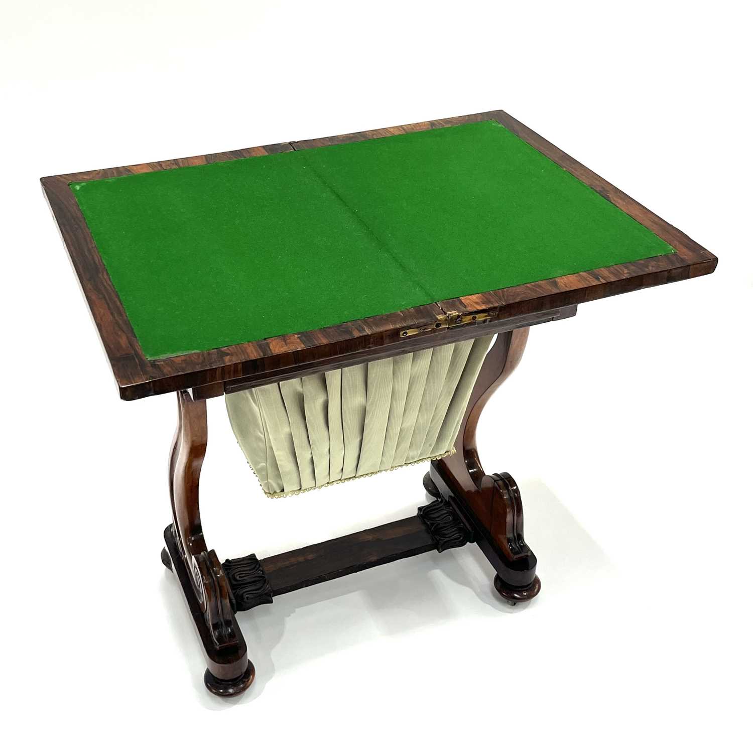 A Regency rosewood work and games table combined, circa 1820, fold-over top with green baize lining, - Image 4 of 6