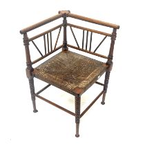 An Aesthetic Movement Thebes corner chair, Oetzman and Co., circa 1880, the square rush seat on