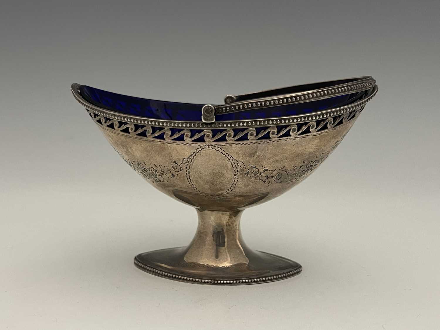 A George III neoclassical silver swing handle basket, of navette form, the body with bead edge - Image 3 of 5