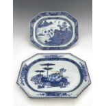Two Chinese export blue and white platters, each of elongated octagonal form, one with a Willow type