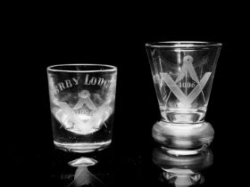 Two early Victorian Masonic charging glasses, circa 1840, engraved with symbols and lodge numbers