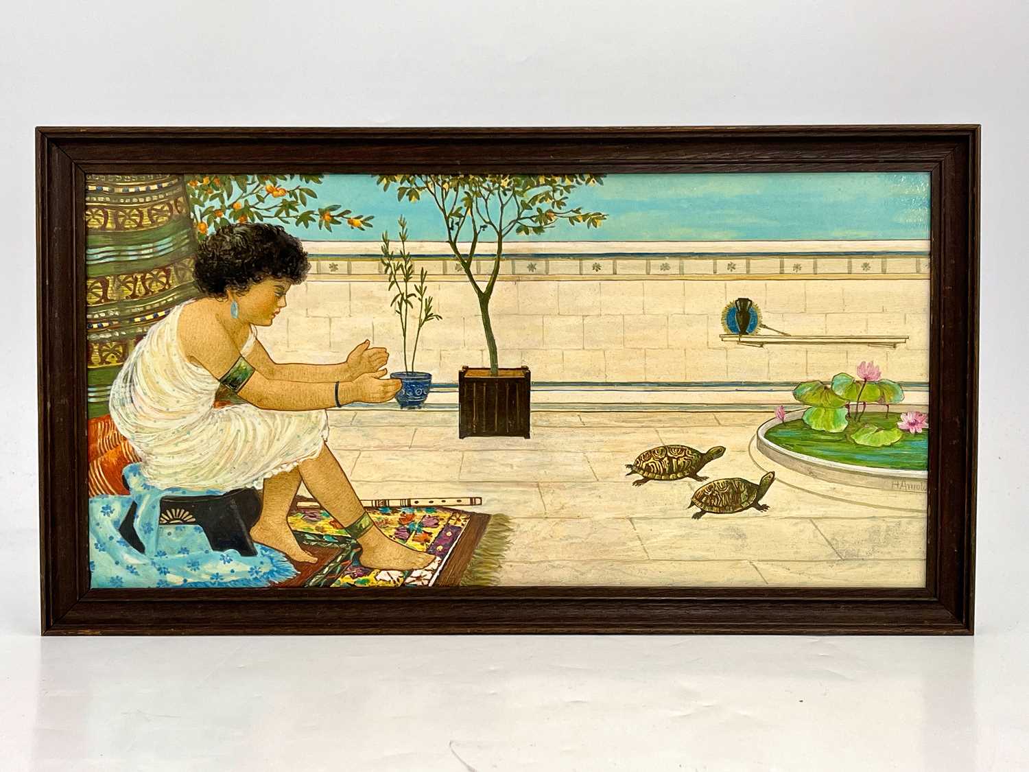 H Arnold for Minton, a PreRaphaelite plaque, painted with an Egyptian girl and two tortoises in a