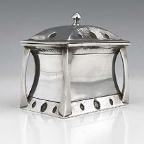 William Hutton and Sons, an Arts and Crafts silver tea caddy, London 1903, waisted cuboid form