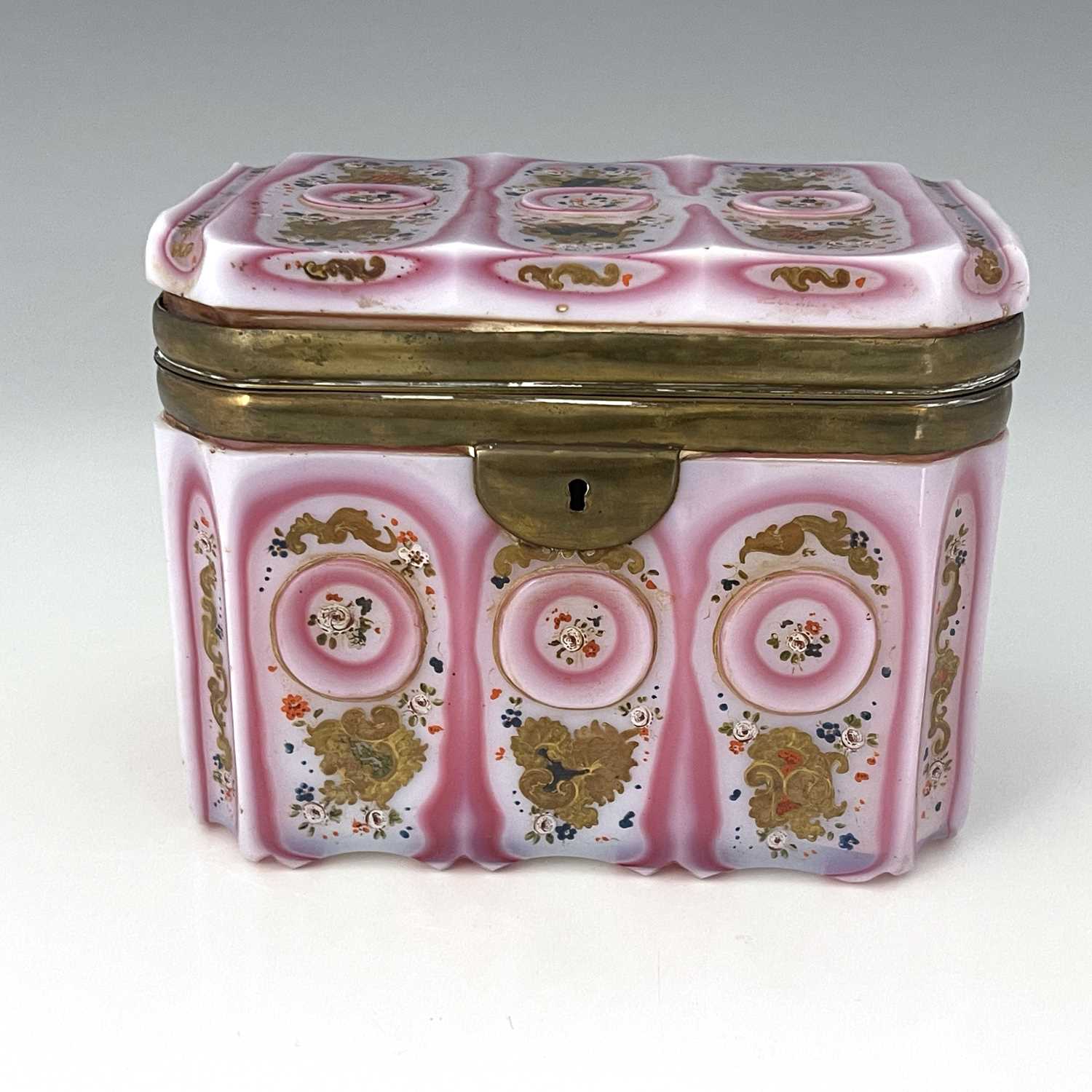 An early 19th century Barfatan enamelled and cased opaline glass casket, French or Bohemian,