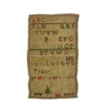 An 18th or 19th century sampler, embroidered with alphabet and initials in different coloured