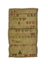 An 18th or 19th century sampler, embroidered with alphabet and initials in different coloured