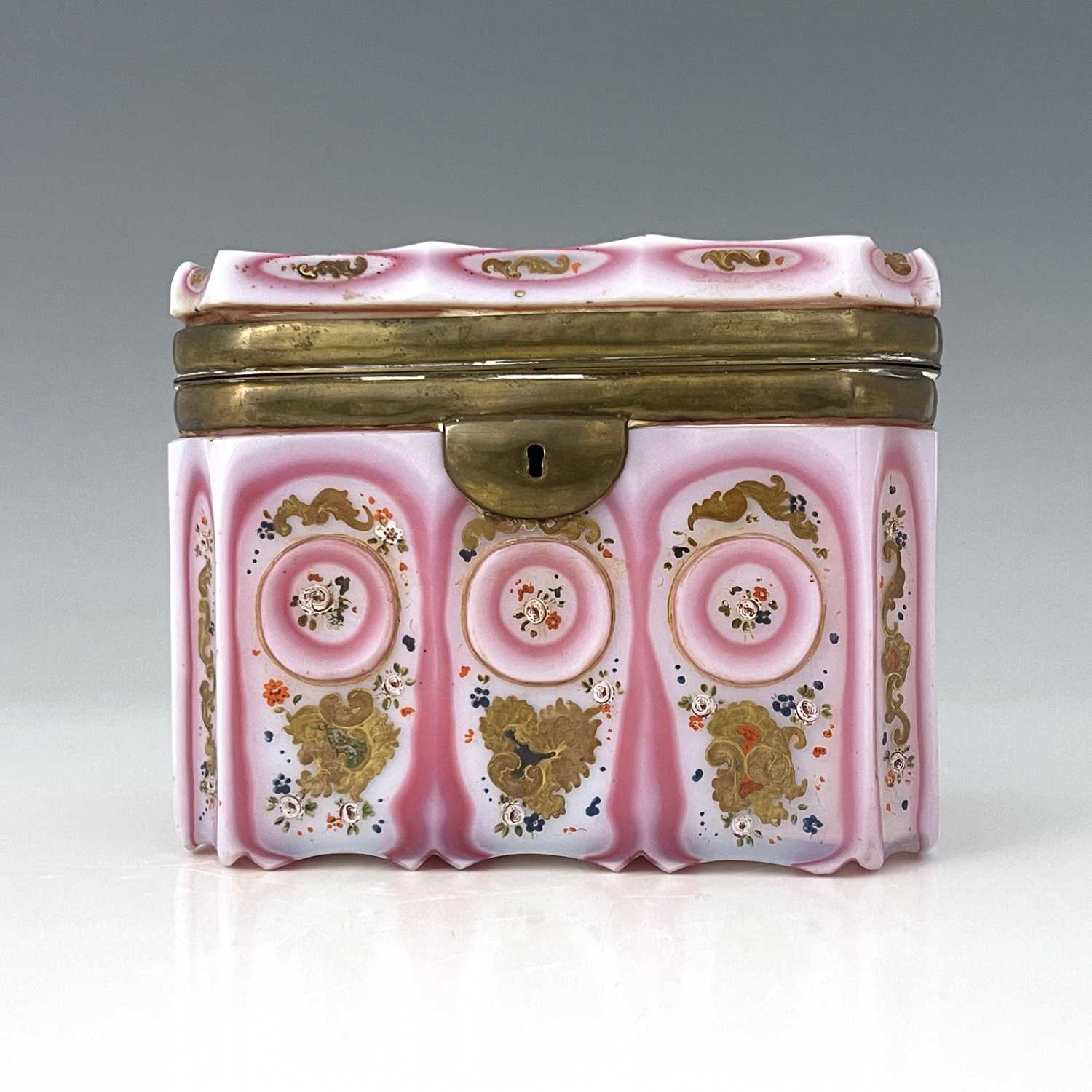 An early 19th century Barfatan enamelled and cased opaline glass casket, French or Bohemian, - Image 4 of 8