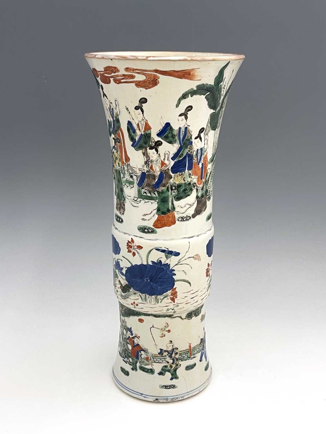 A Chinese Doucai Gu vase, cylindrical flared form, painted in the round with three bands, - Image 7 of 9