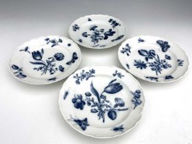 Four Meissen blue and white plates, piecrust ogee rims, painted with central floral bouquets of