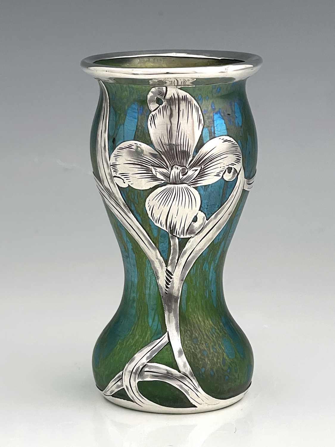 Loetz for Mermod and Jaccard, a Secessionist iridescent silver overlay glass vase, double gourd form