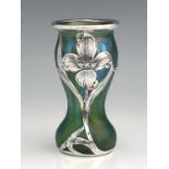 Loetz for Mermod and Jaccard, a Secessionist iridescent silver overlay glass vase, double gourd form