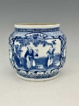 A Chinese blue and white jar, Kangxi mark, shouldered cylindrical form, painted with panels of
