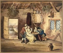 Nicholas Condy (British, 1793-1857), a rustic interior with a family group playing cards, signed l.