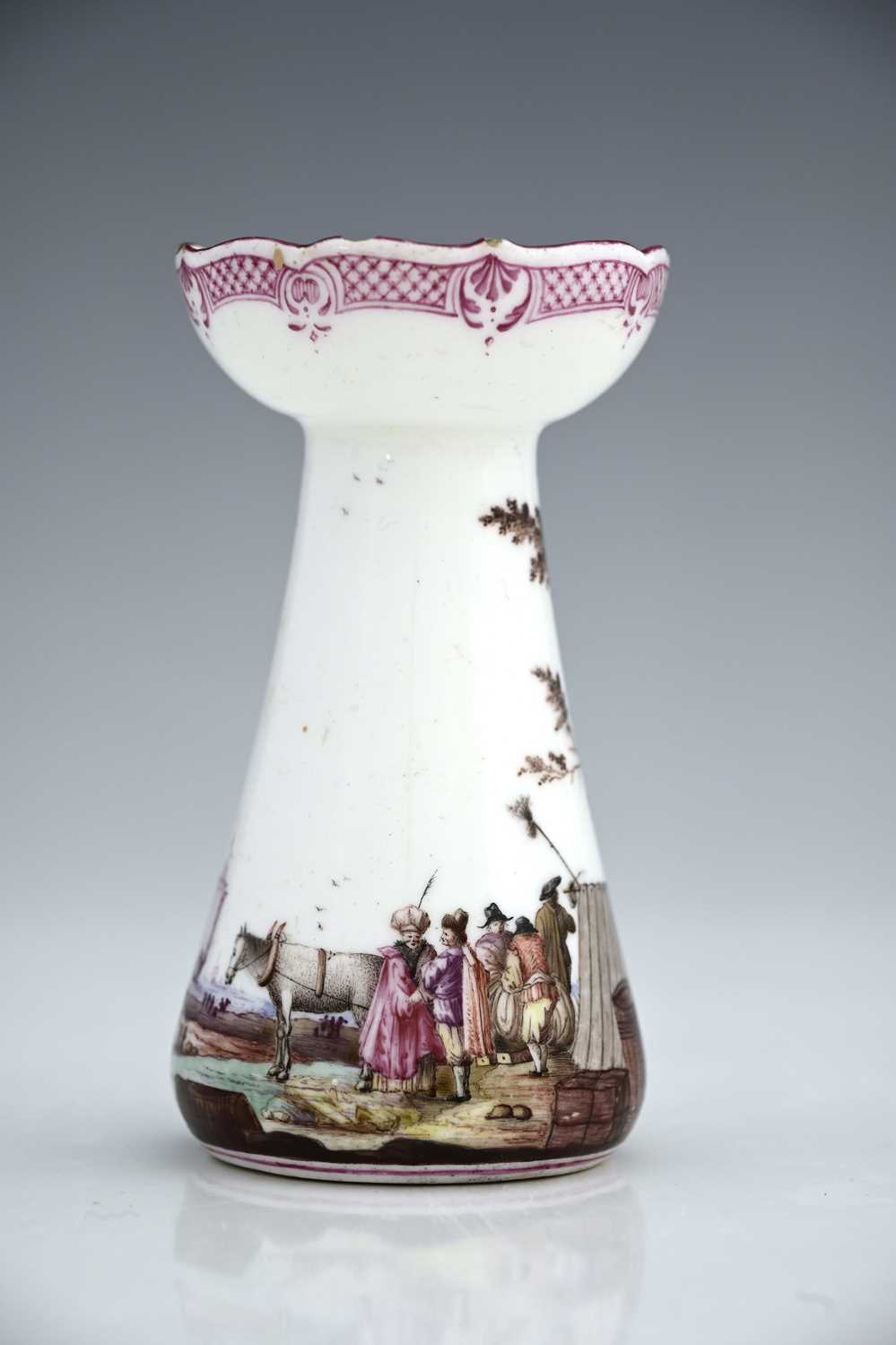 A Vincennes porcelain candlestick, 1745-50, conical hyacinth vase form with ogee rim, the body - Image 3 of 8