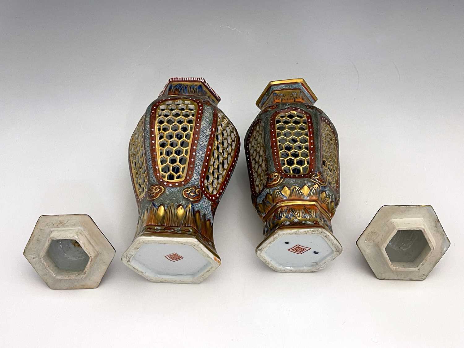 A matched pair of Chinese reticulated vases and covers, hexagonal section inverse baluster form, - Image 4 of 8