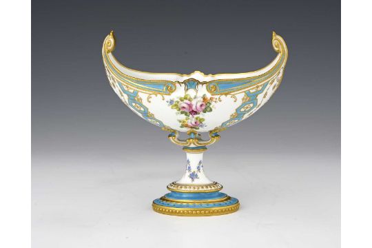 R Bennett for Royal Crown Derby, a rose painted pedestal bowl, boat form with scroll handles, floral - Image 2 of 4