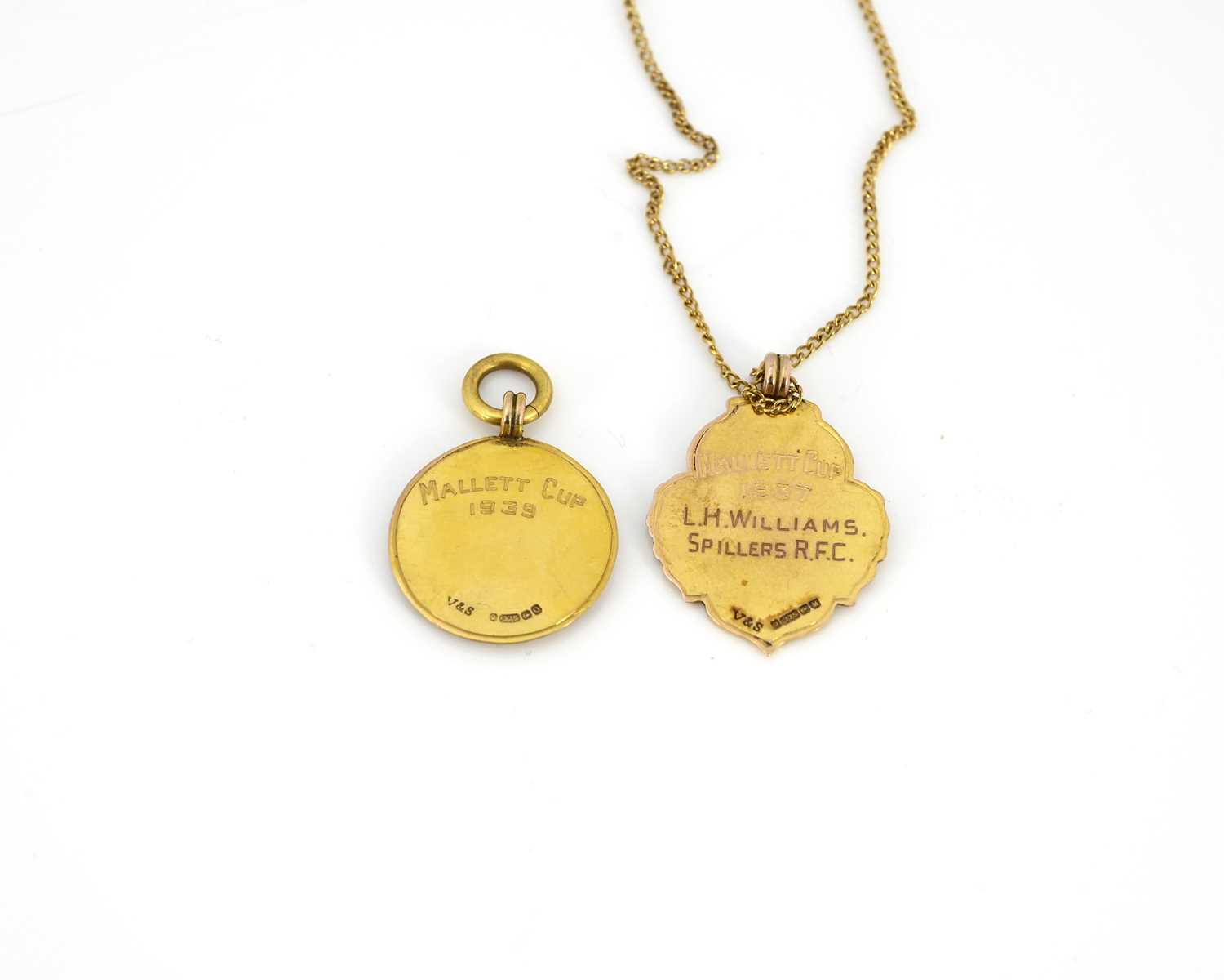 Two 9ct gold enamel medallions, one with chain - Image 2 of 2