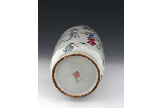 A Chinese rolo shaped famille rose vase, painted in the round with courtly figures in a garden - Image 5 of 6