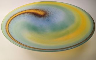 A large studio glass bowl, yellow and turquoise, indistinctly signed, D.43cm