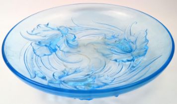 A French blue glass floral bowl, D.35cm