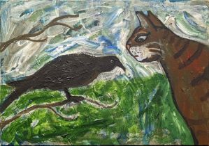 Wolf Howard (British, b.1968), Cat Looking at Crow, oil on canvas, signed to verso, H.40cm W.60cm