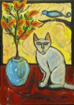 Wolf Howard (British, b.1968), Blue Bird and Cat, oil on canvas, signed lower right WH and to verso,