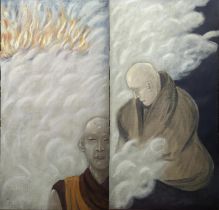 Gregoire Muller (Swiss b.1947), Monks on Fire, 1987, oil on canvas diptych, signed lower left,