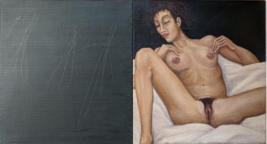 Gregoire Muller (Swiss b.1947), Leda, 1989, oil on canvas, diptych each panel 126cm x 127cm.