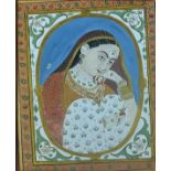 A 19th century Indian miniature painting depicting a portrait of a lady, H.12.5cm W.9cm