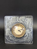 Rene Lalique glass Naiades clock, R.Lalique to lower left, circa 1920s, H.11.5cm