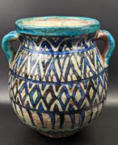 A fine 17th century Ottoman Syrian Damascus glazed pottery twin handled vase, H.22.5cm