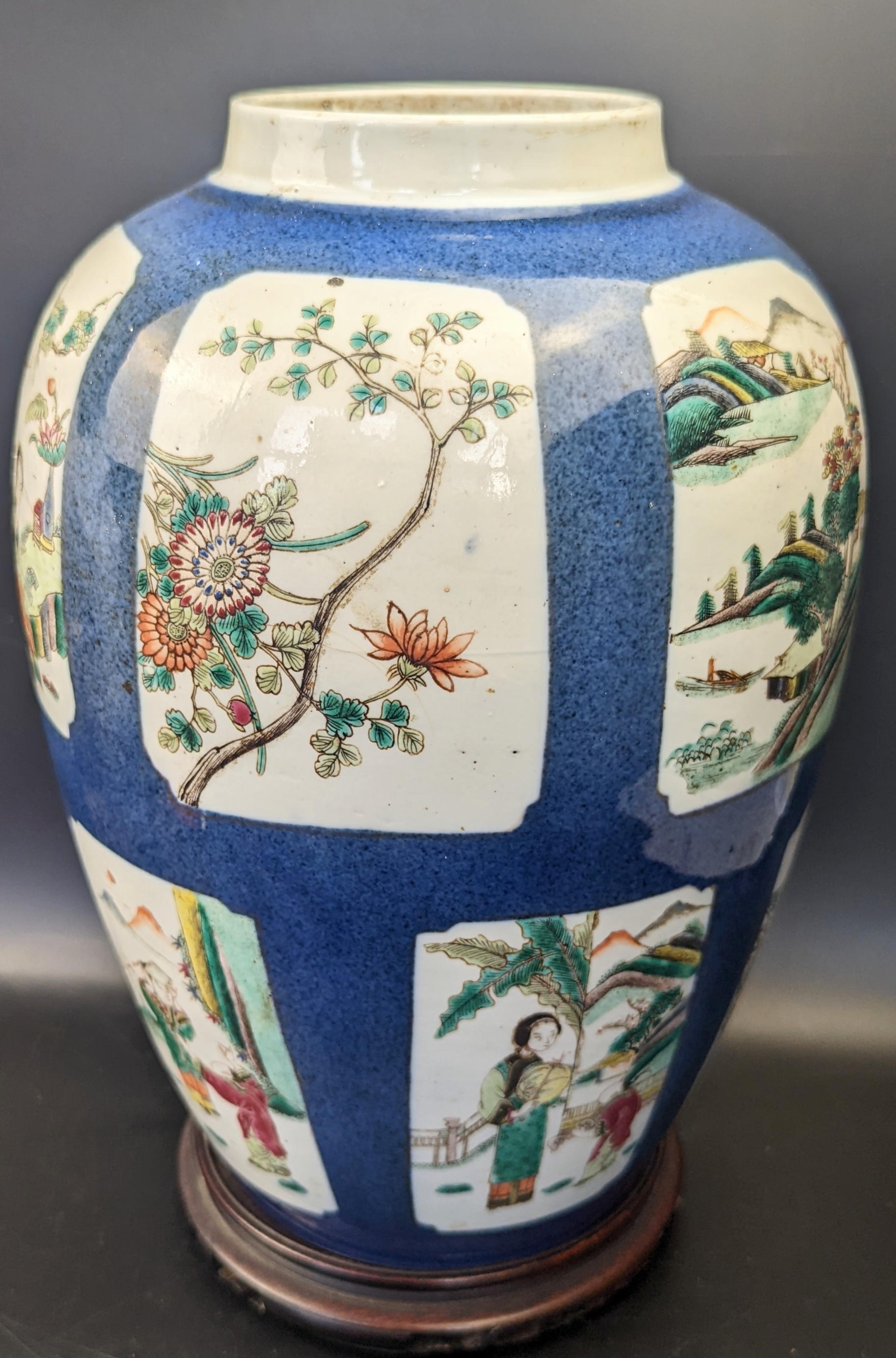 A Chinese 19th century powder blue ginger jar, paneled scenes, Kangxi marks, with wooden stand, H. - Image 3 of 5