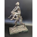 Deco sculpture of a nude riding a faun, mounted on marble base, indistinctly signed, H.27cm