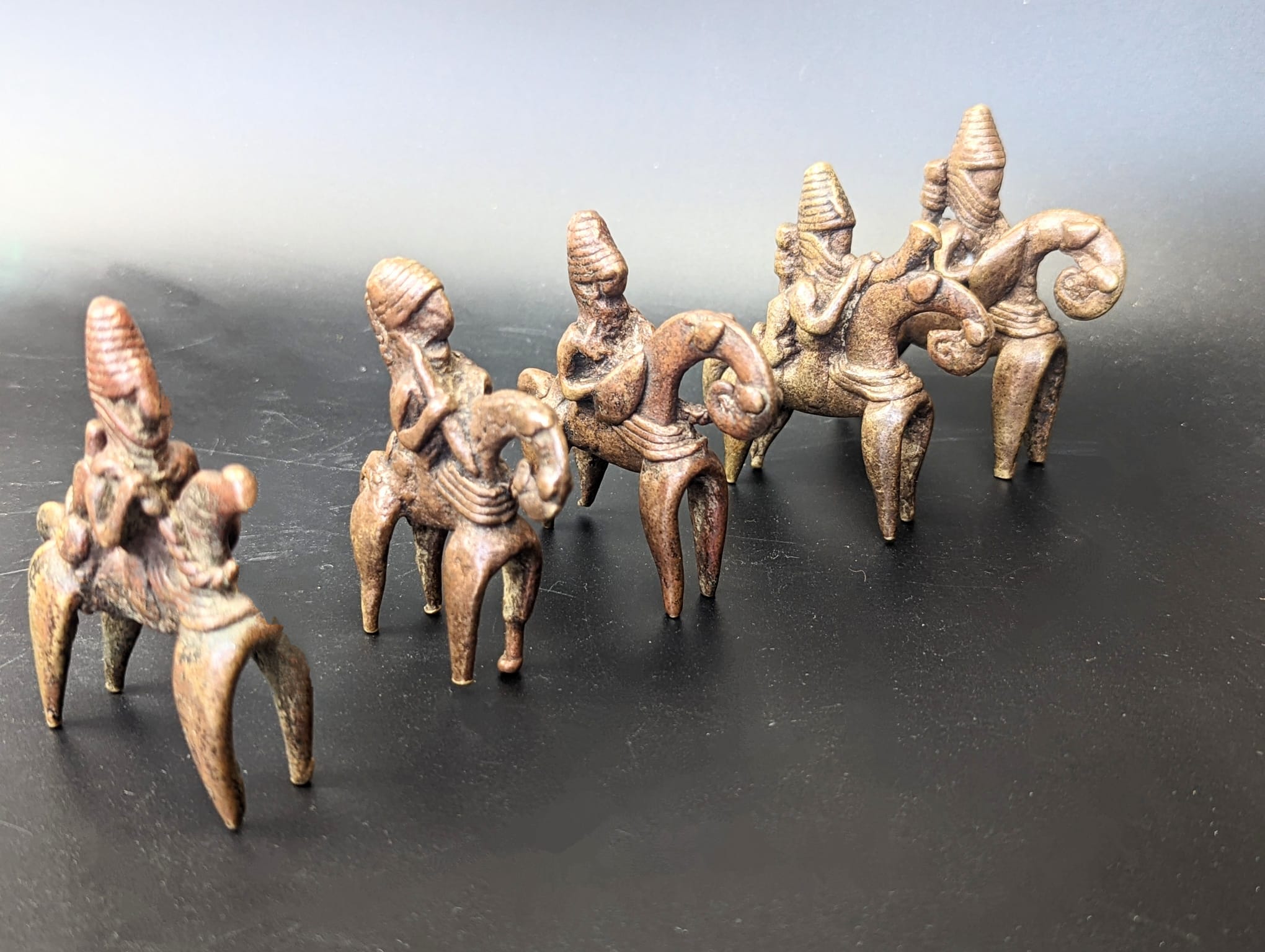 A collection of five rare 19th century African Kotoko Equestrian bronze figures Chad (from Lake Chad