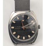 Encar automatic day date, black dial, 35mm, 1970s, Jupiter planet under the number 12, mesh strap,