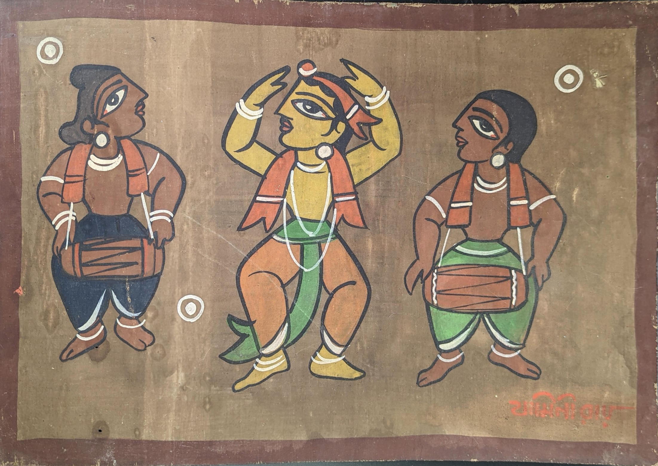 Jamini Roy (Indian, 1887-1972), figural scene, oil on cloth, H.28cm W.41cm