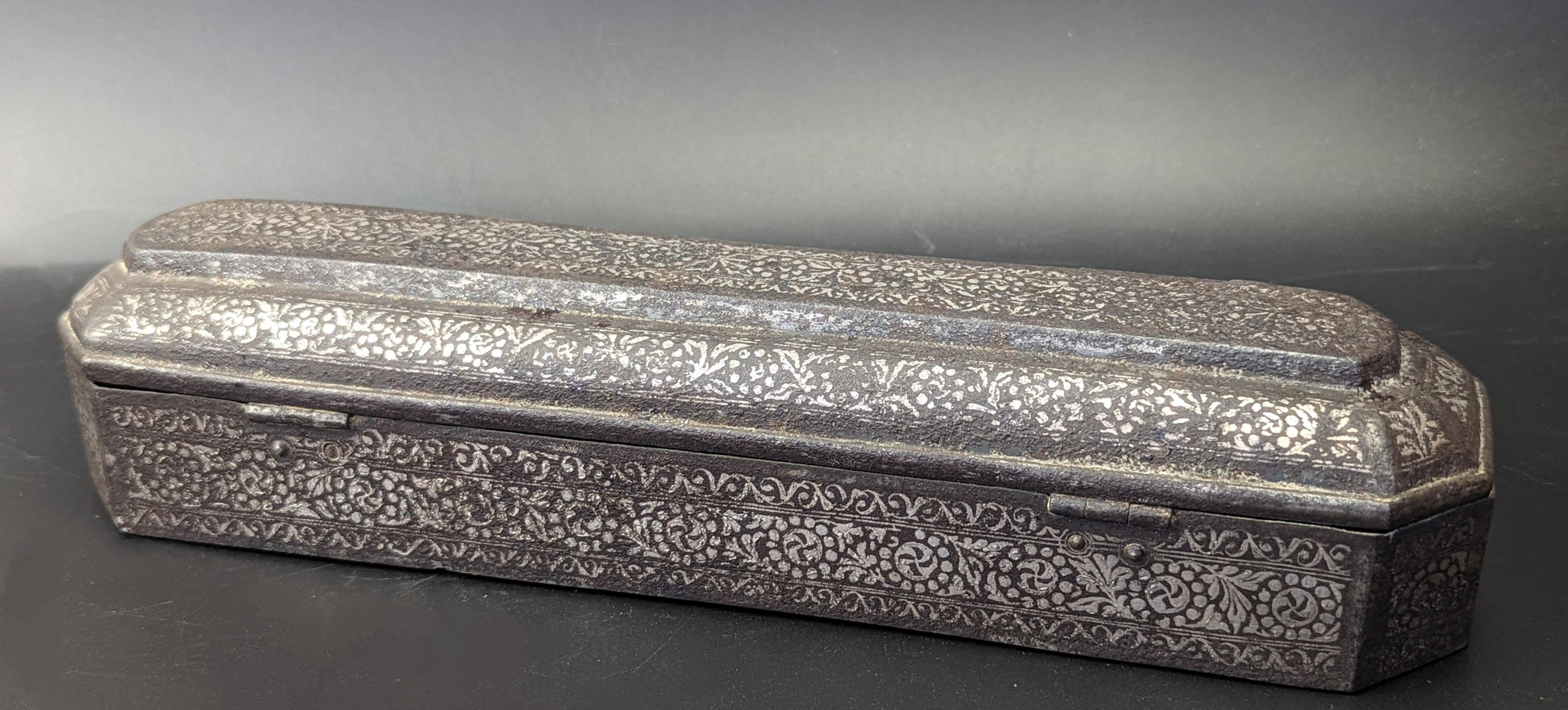 A fine 19th century Indian silver overlaid steel koftgari pen box, H.5cm L.26cm W.6cm - Image 3 of 3